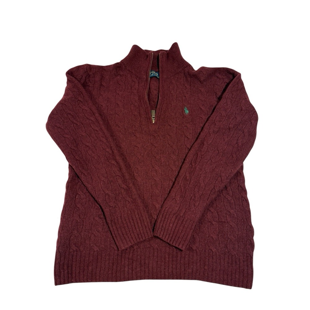 Polo Ralph Lauren XS Burgundy Cable-Knit Wool Cashmere Quarter Zip Sweater